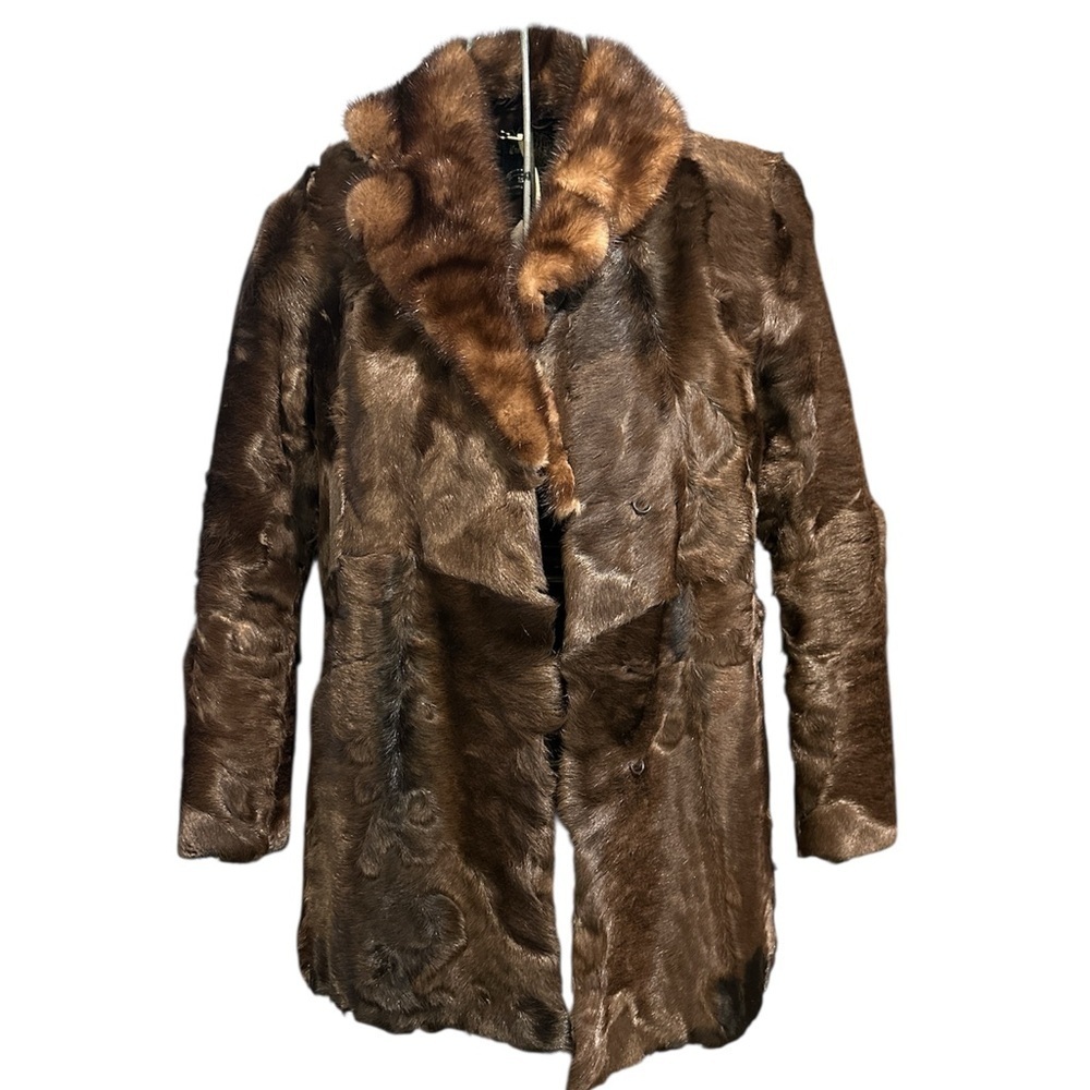Vintage, dark brown mink fur coat with a fox fur collar, small